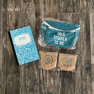 🍹NEW Omeca Altos Tequila fanny pack, composition book, 2 paper bag koozies